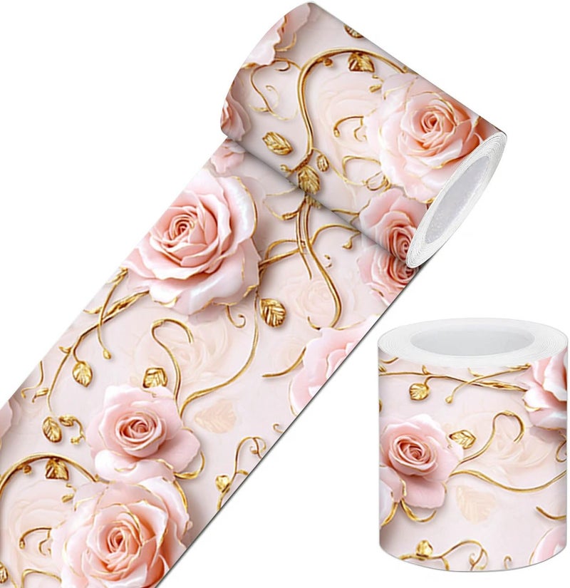 IVN Wallpaper Border Peel and Stick Wall Accent 4x196 Inch PVC Pink Gold Rose Vine Pattern Self Adhesive Decorative Wall Trim for Living Room Bedroom Hallway Elegant Romantic Style - Image 1